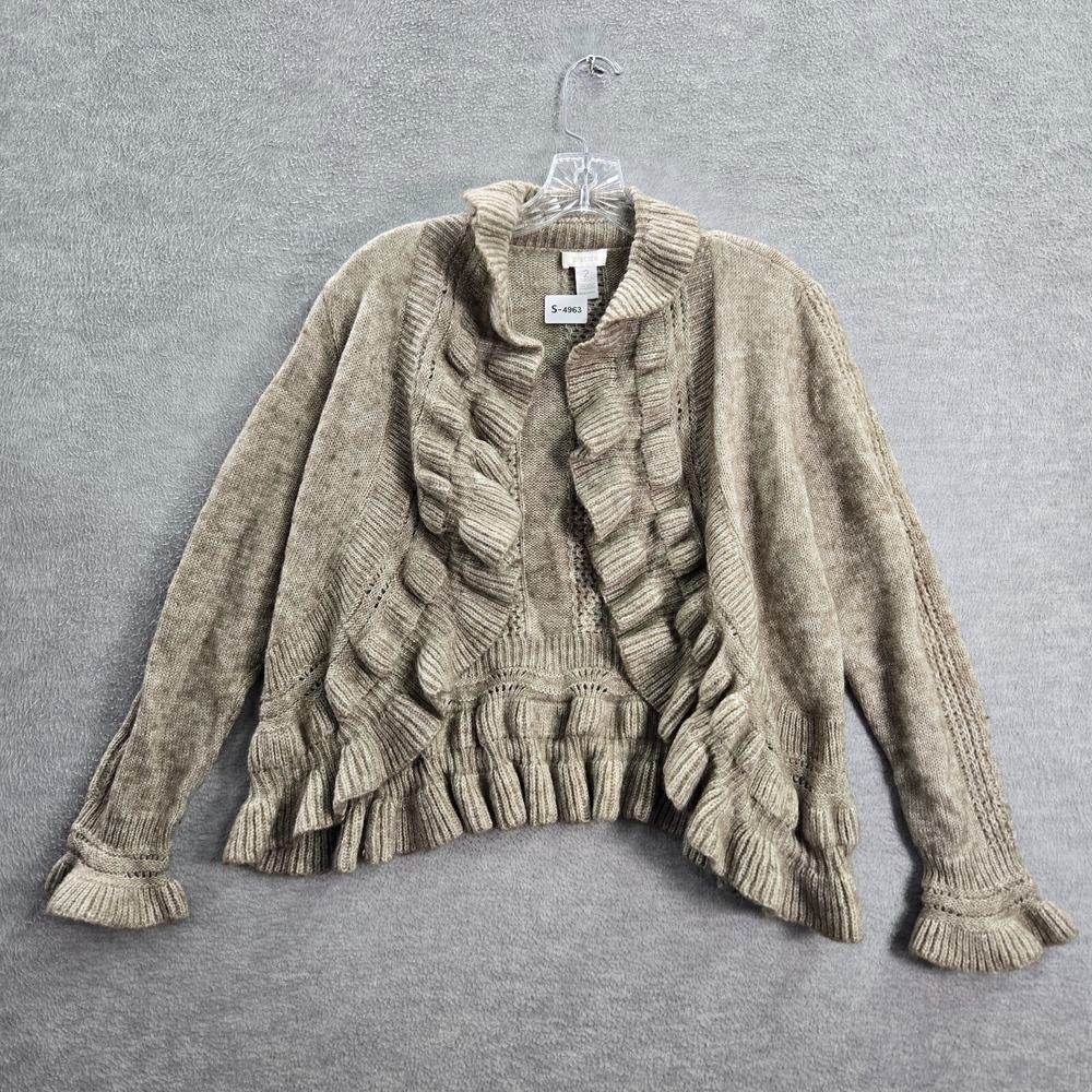 Chico's Women Sweater 2 Large‎ Beige Cardigan Wool Mohair Blend Ruffles Cropped